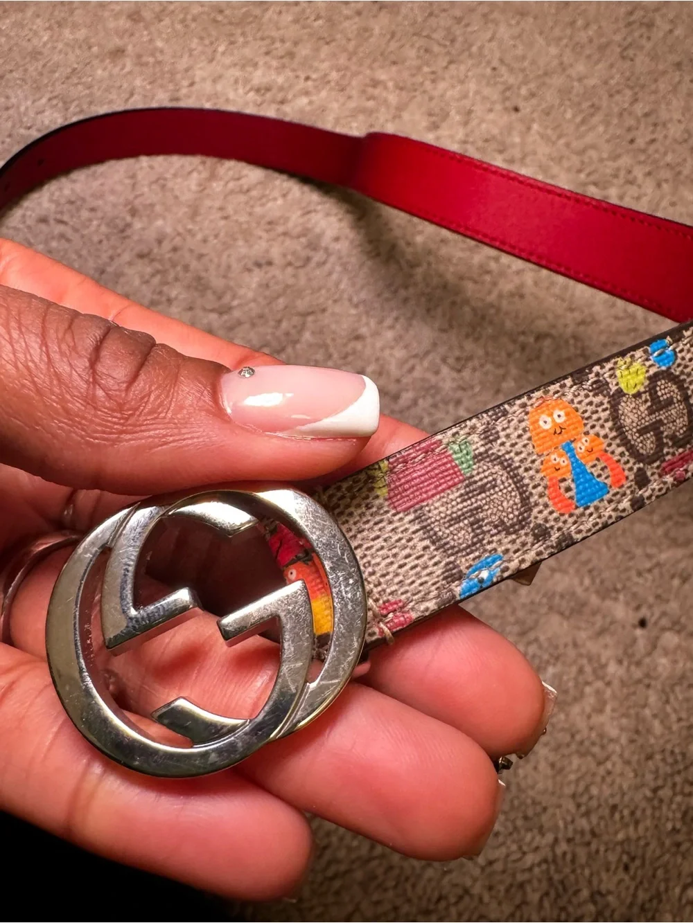 Authentic Gucci Mushroom Print Kids Belt with Silver Double G Buckle